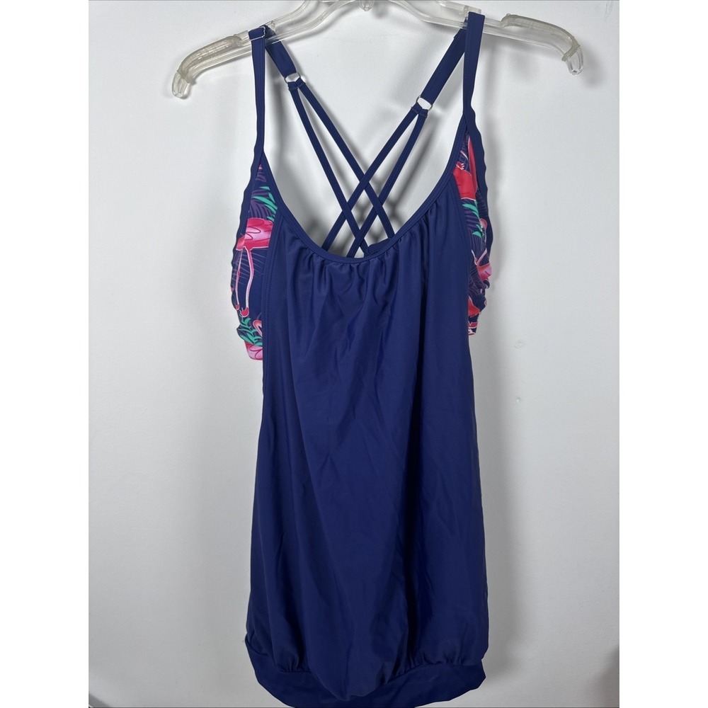 Holipick Flamingo Tankini Swimsuit Blouse Top Womens L Black Blue Floral Nice
